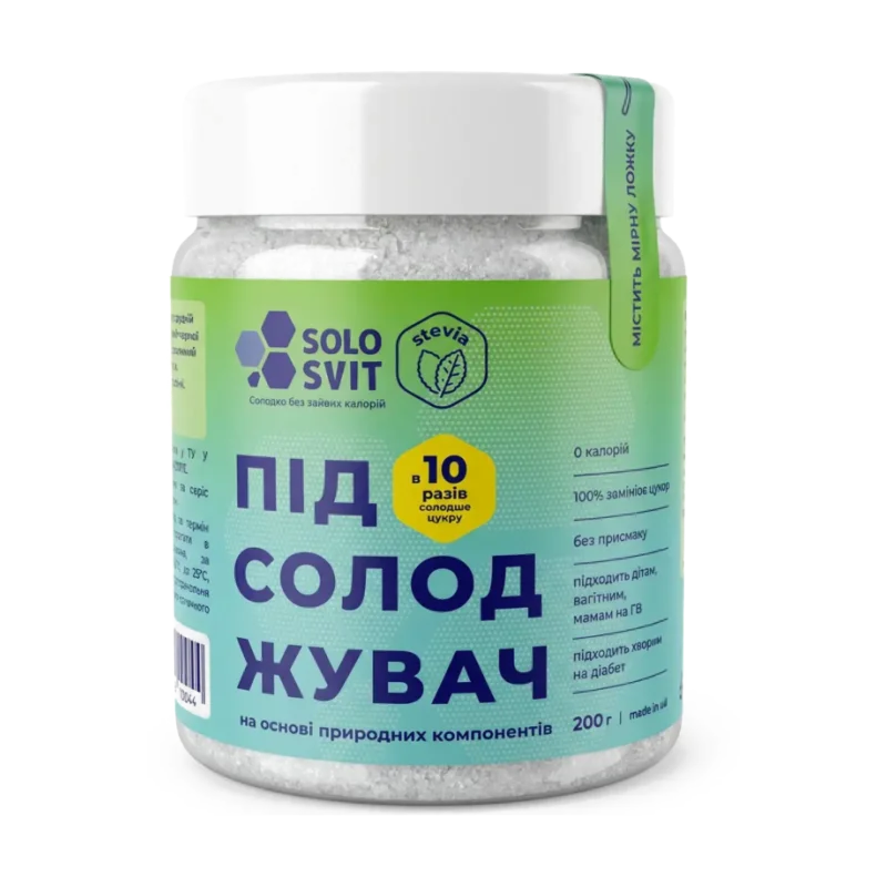 Подсластитель "СОЛОСВИТ Стевия+" 1:10 без горечи, ГОЛУБАЯ банка 200 г